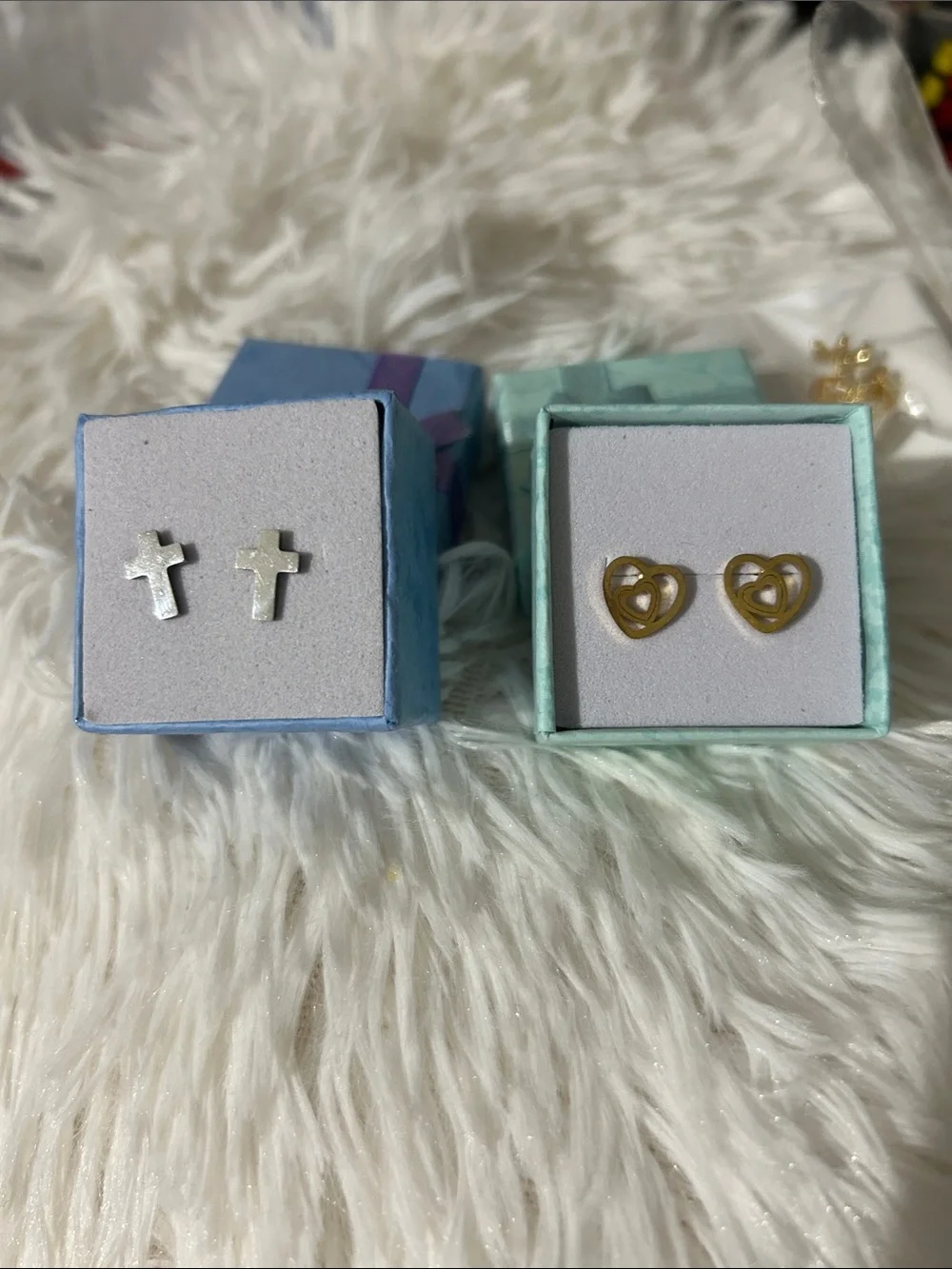 Kids Gold Heart and Silver Cross Stud Earrings Set